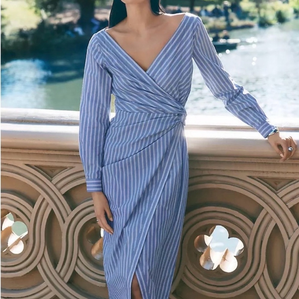 Ann Taylor Blue and White Striped Long Sleeve Dress